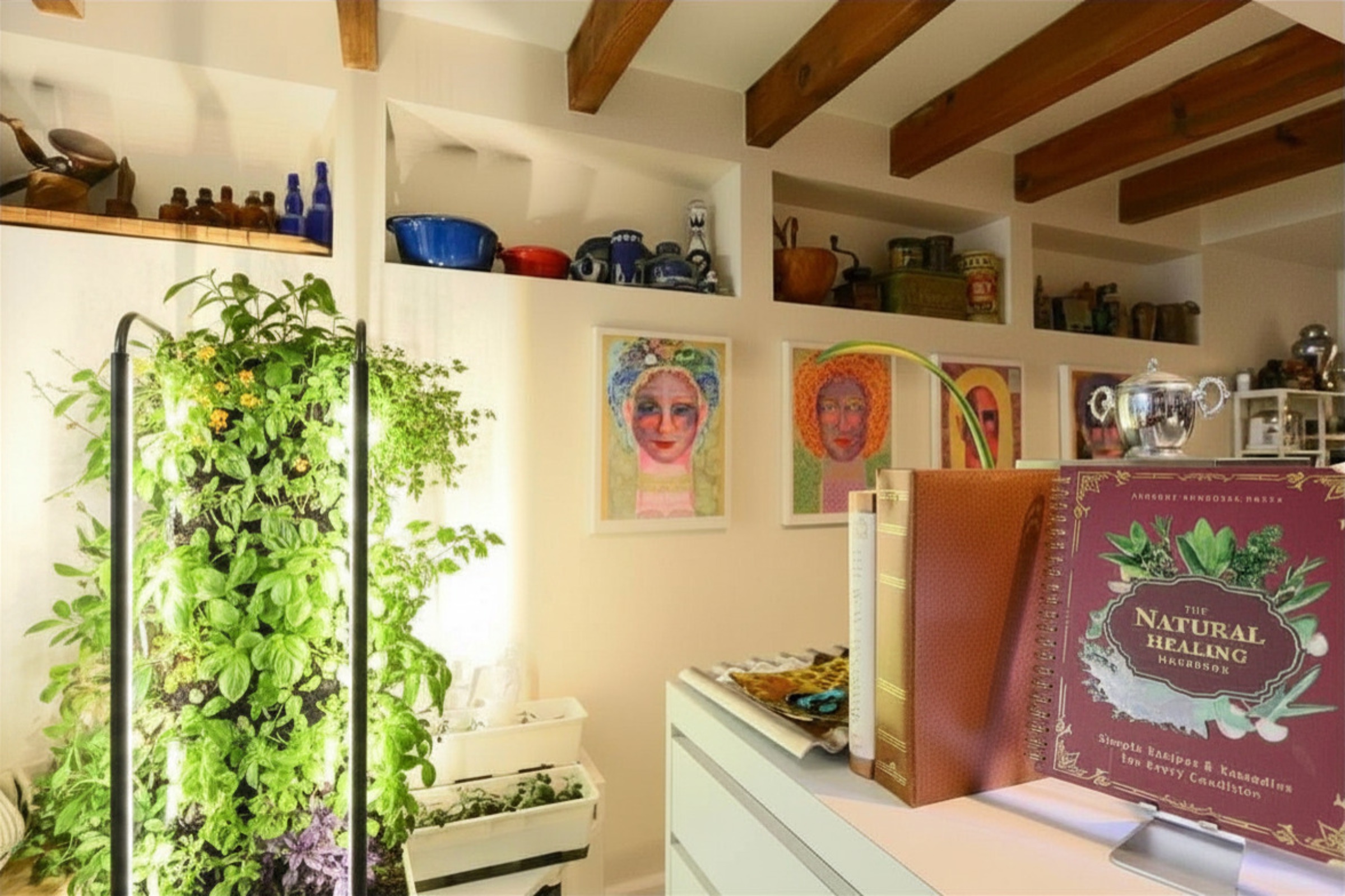 Sprout Kitchen — herbs rising beside Blossom’s portraits, the healing garden in soft afternoon light